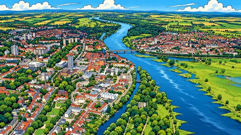 Comic-Illustration der Stadt Frankfurt (Oder) aus der Luft, mit der Oder und einer Brücke zum polnischen Ufer. Darüber eine Linie von Berlin über Frankfurt (Oder) nach Poznań: Berlin ca. 100 km, Poznań ca. 175 km.