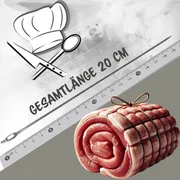 Kerafactum Spicknadel in gerader Ausführung mit Öhr, Gesamtlänge 20 cm, an einem Lineal, daneben ein gebundener Rollbraten
